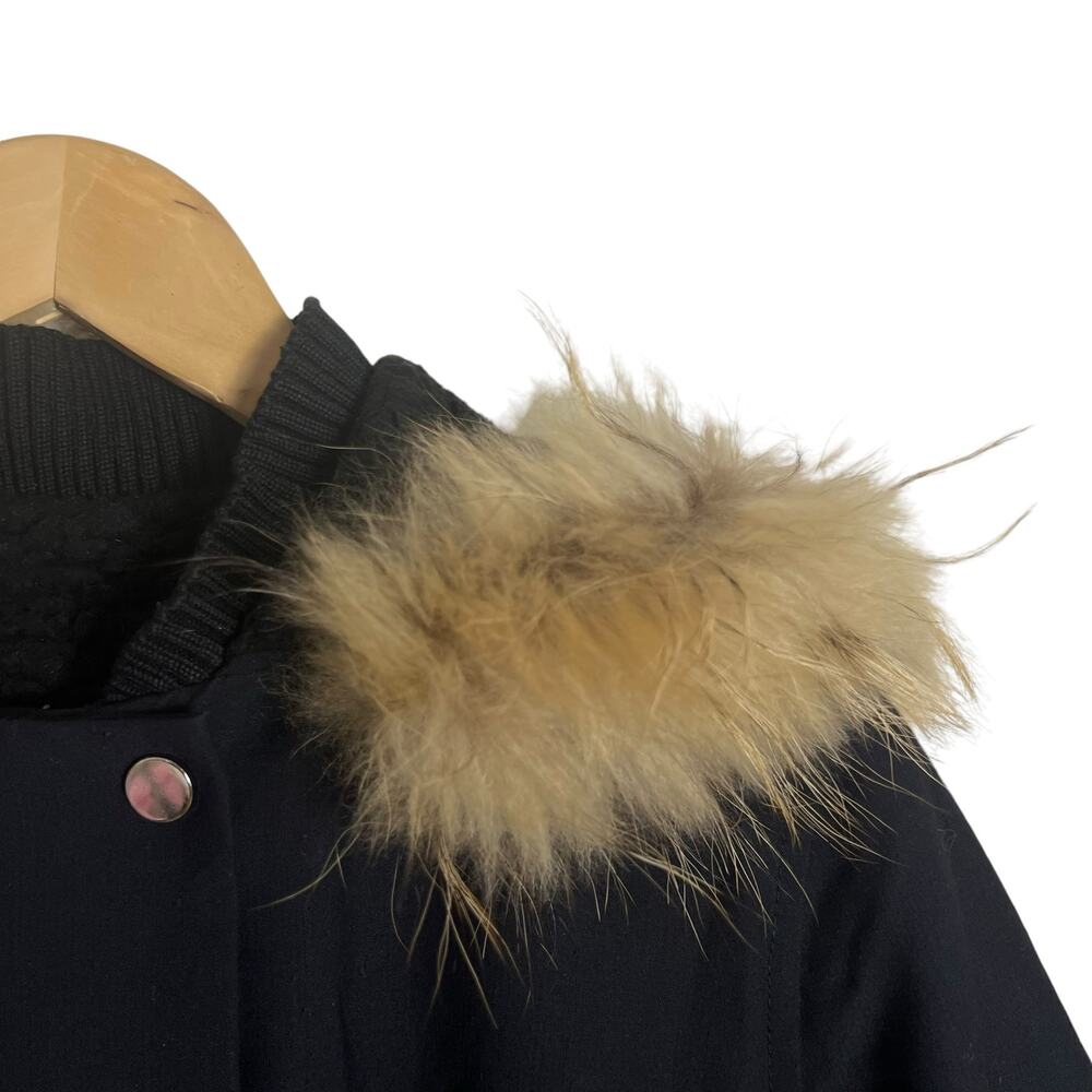 Maje Dark Blue Raccoon Fur Trim Hooded Sherpa Parka Coat Size Large - Picture 3 of 10